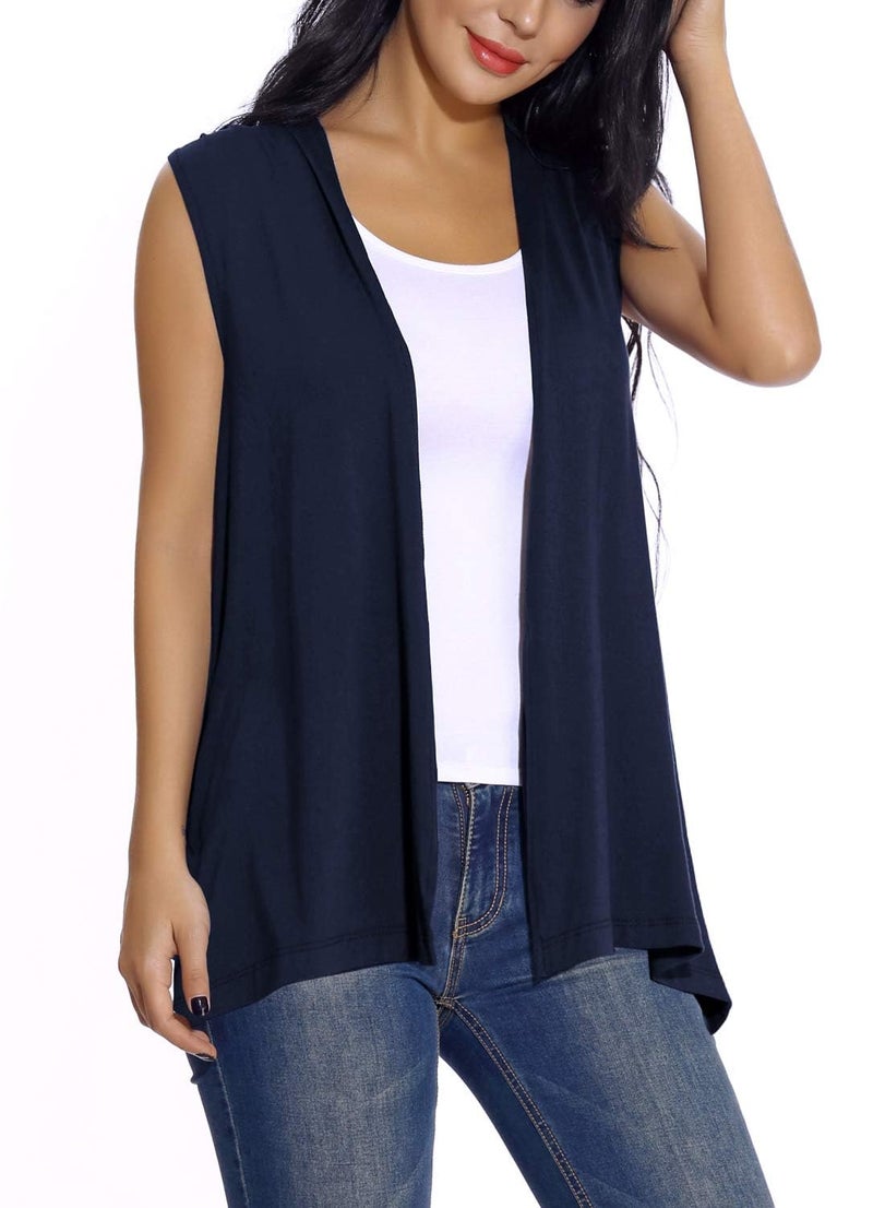 EXCHIC Women's Sleeveless Open Front Cardigan Vest Lightweight Cool Coat (L, Navy Blue) - Image 1